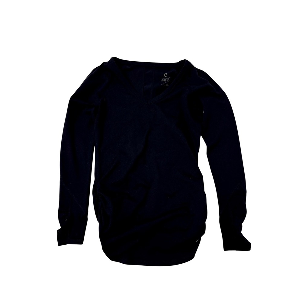 Core 10 by Amazon Women Black V-Neck Long Sleeve Ruched Back Yoga Workout Top XS